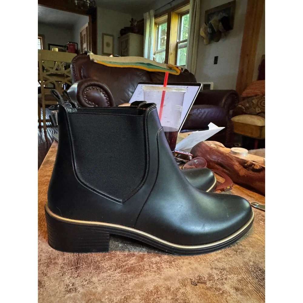 Kate Spade Rain Boots 10 Black Gold Trim Bow Chelsea Ankle Boot Preppy‎ Chic